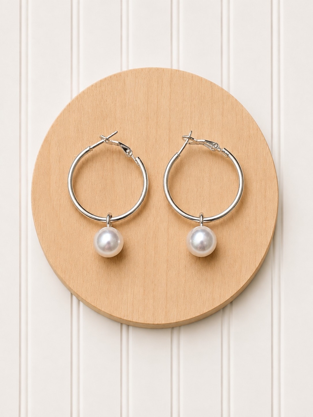 Silver Hoop Earrings with White Pearl Drop